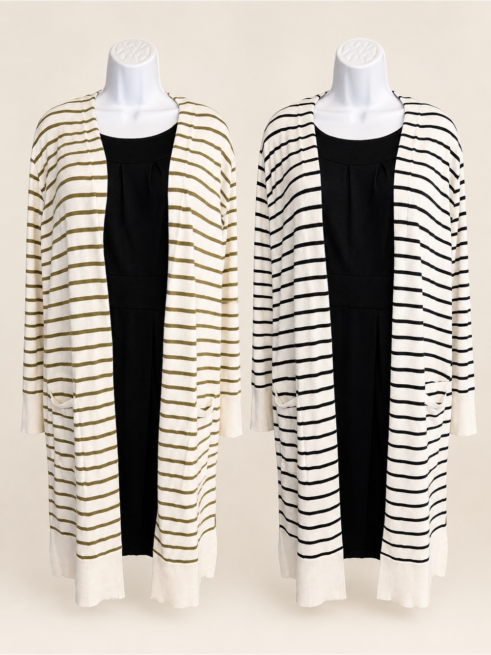 Nine West Striped Open-Front Cardigan in Cream with Olive and Black Stripes